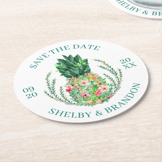 Hochzeit SPAREN SIE DAS DATUM Tropische Ananas Runder Pappuntersetzer (Angewinkelt)