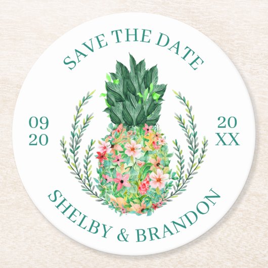 Hochzeit SPAREN SIE DAS DATUM Tropische Ananas Runder Pappuntersetzer (Vorderseite)