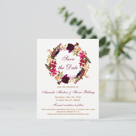 Hochzeit speichern das Datum - Burgunder Blüte, Fe Einladung (Stehend Vorderseite)