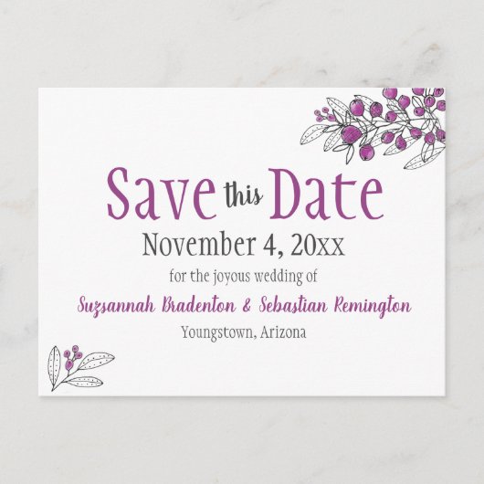 Hochzeit speichern das Datum Minimalistische Lila  Ankündigungspostkarte (Vorderseite)