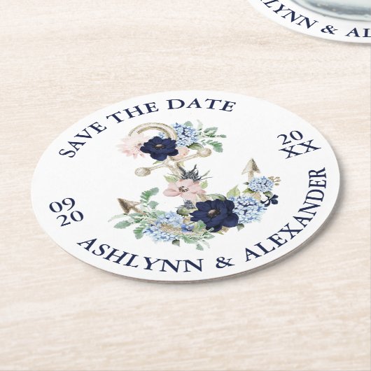 Hochzeit SPEICHERN DAS DATUM Nautische Ankerblume Runder Pappuntersetzer (Angewinkelt)