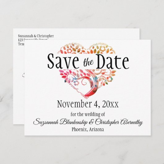 Hochzeit speichern das Datum Orange Burgundy Tree Ankündigungspostkarte (Vorne/Hinten)