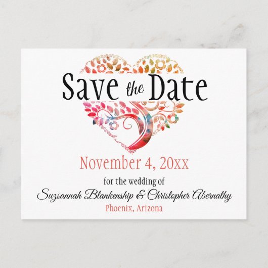 Hochzeit speichern das Datum Orange Burgundy Tree Ankündigungspostkarte (Vorderseite)