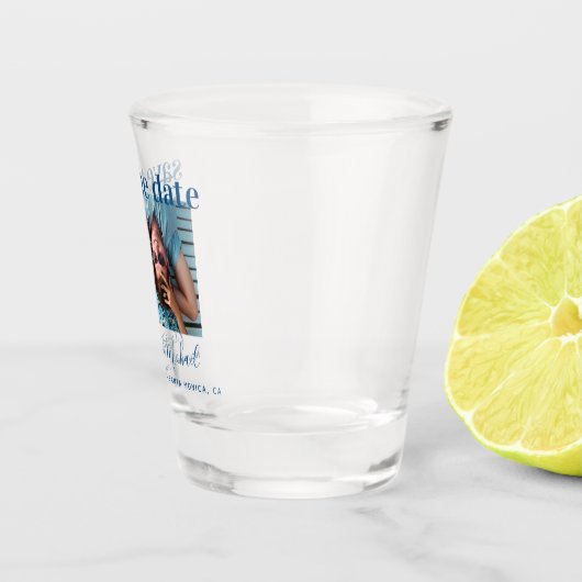 Hochzeit speichern Sie das Date Foto Blue Shot Gla Schnapsglas (Rechts)