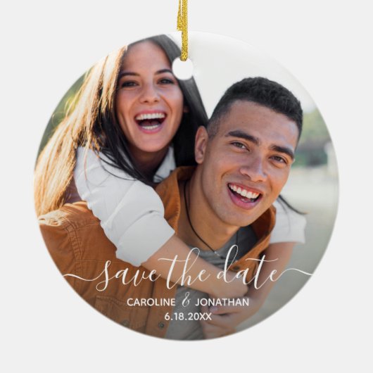 Hochzeit Speichern Sie das Date Foto Hübsch Kallig Keramik Ornament (Hinten)