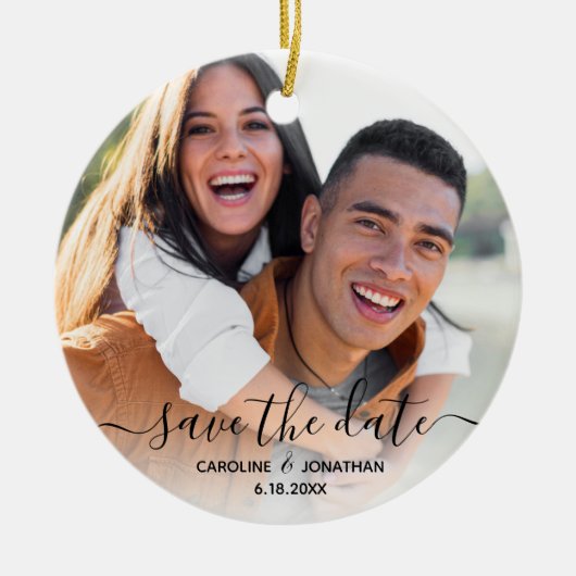 Hochzeit Speichern Sie das Date Foto Hübsch Kallig Keramik Ornament (Vorne)