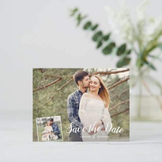 Hochzeit Speichern Sie das Datum 2 Fotos Weißkalli Postkarte (Stehend Vorderseite)