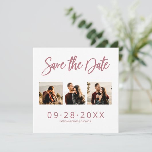 Hochzeit speichern Sie das Datum 3 Foto Collage Einladung (Stehend Vorderseite)