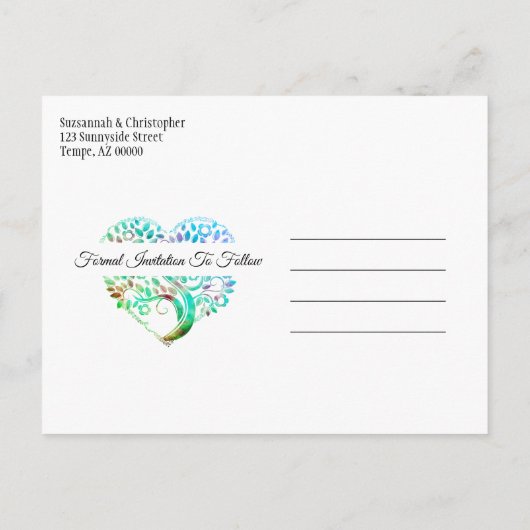 Hochzeit speichern Sie das Datum Aqua Blue Tree He Ankündigungspostkarte (Rückseite)