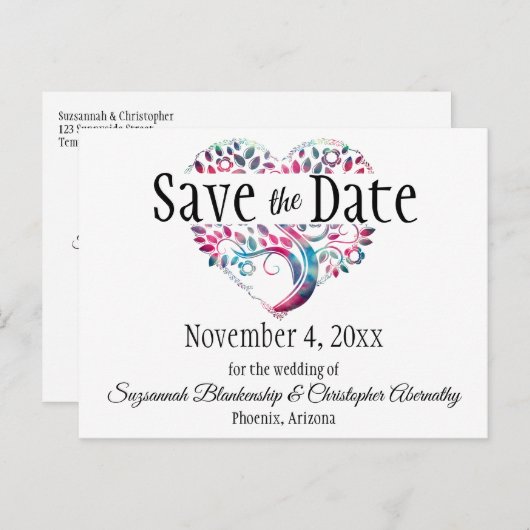 Hochzeit speichern Sie das Datum Aqua Blue Tree He Ankündigungspostkarte (Vorne/Hinten)