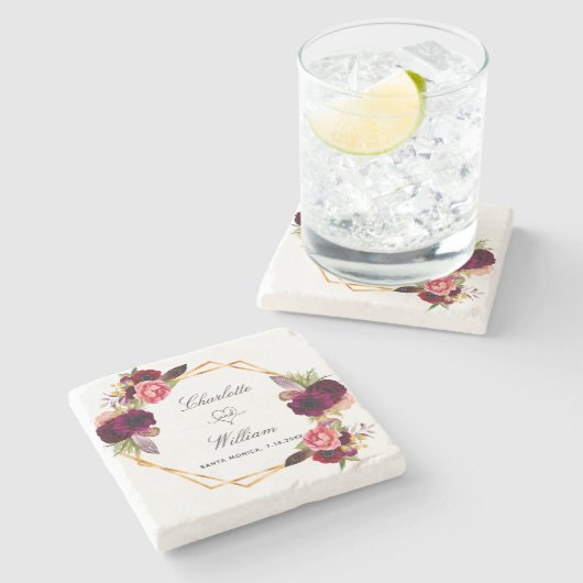 Hochzeit speichern Sie das Datum Blumenburgund Steinuntersetzer (Seitenansicht)