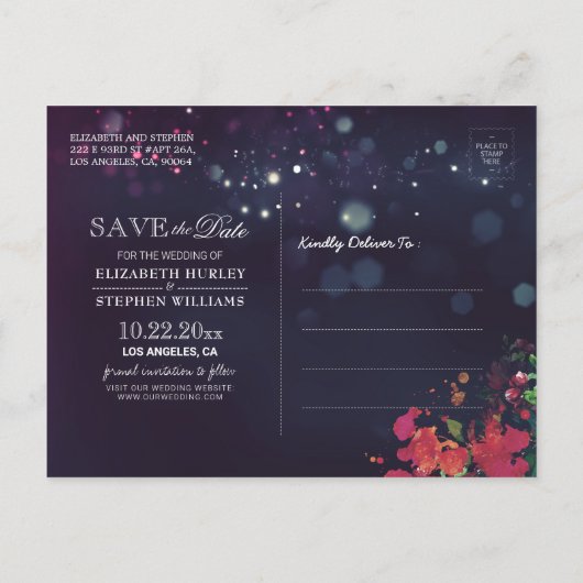 Hochzeit speichern Sie das Datum Burgund Lila Lich Ankündigungspostkarte (Rückseite)