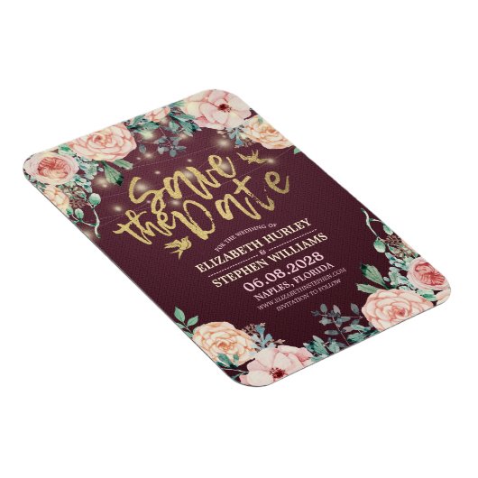 Hochzeit speichern Sie das Datum Burgundy florale Magnet (Rechte Seite)