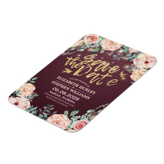 Hochzeit speichern Sie das Datum Burgundy florale Magnet (Linke Seite)
