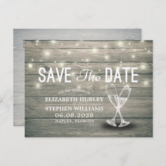 Hochzeit speichern Sie das Datum Champagner Glass  Ankündigungspostkarte (Vorne/Hinten)