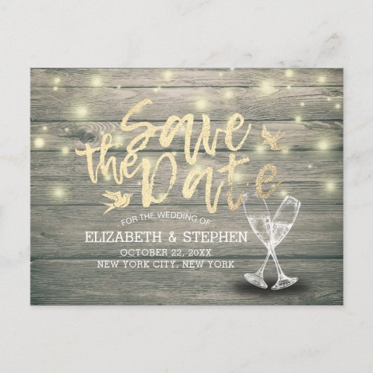 Hochzeit speichern Sie das Datum Champagner Glass  Ankündigungspostkarte (Vorderseite)