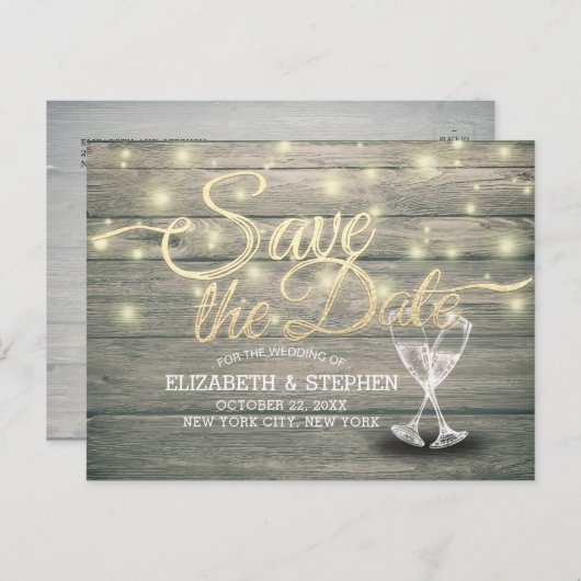 Hochzeit speichern Sie das Datum Champagner Glass Ankündigungspostkarte (Vorne/Hinten)