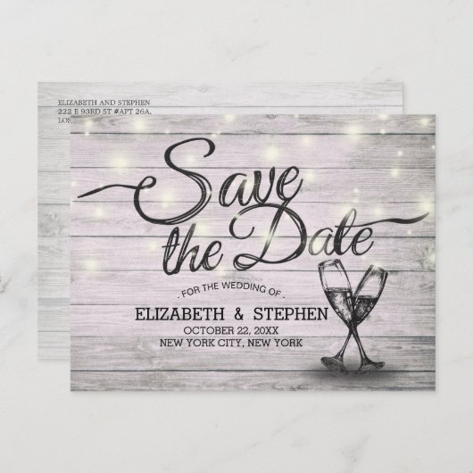 Hochzeit speichern Sie das Datum Champagner Glass Ankündigungspostkarte (Vorne/Hinten)
