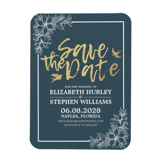 Hochzeit speichern Sie das Datum Chic Blue Gold Sc Magnet (Vertikal)