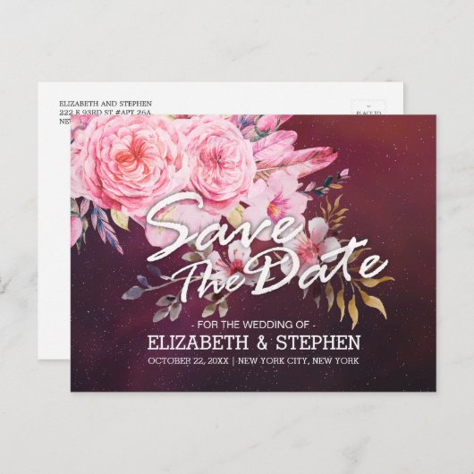 Hochzeit speichern Sie das Datum der Blumenfeather Ankündigungspostkarte (Vorne/Hinten)