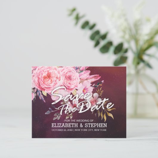 Hochzeit speichern Sie das Datum der Blumenfeather Ankündigungspostkarte (Stehend Vorderseite)