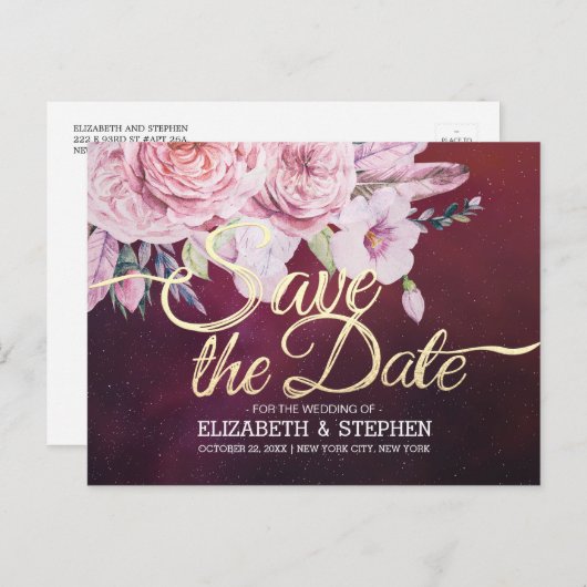 Hochzeit speichern Sie das Datum der Blumenfeather Ankündigungspostkarte (Vorne/Hinten)