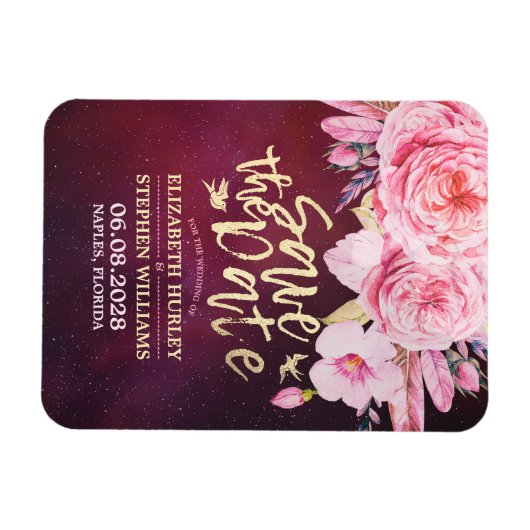 Hochzeit speichern Sie das Datum der Blumenfeather Magnet (Horizontal)
