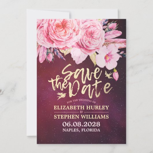 Hochzeit speichern Sie das Datum der Blumenfeather Save The Date (Vorderseite)