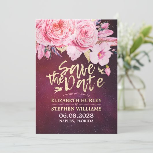 Hochzeit speichern Sie das Datum der Blumenfeather Save The Date (Stehend Vorderseite)
