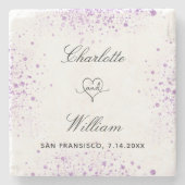 Hochzeit speichern Sie das Datum der violetten Gli Steinuntersetzer (Vorderseite)