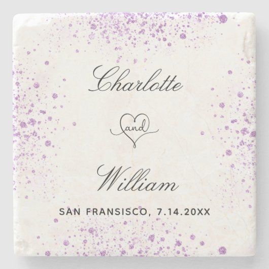 Hochzeit speichern Sie das Datum der violetten Gli Steinuntersetzer (Vorderseite)