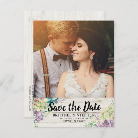 Hochzeit speichern Sie das Datum Foto Sukkulenten Ankündigungspostkarte (Vorne/Hinten)