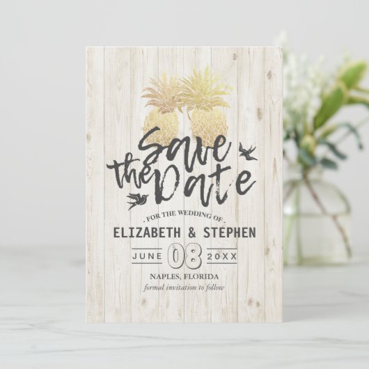 Hochzeit speichern Sie das Datum Gold Ananas Coupl Save The Date (Stehend Vorderseite)