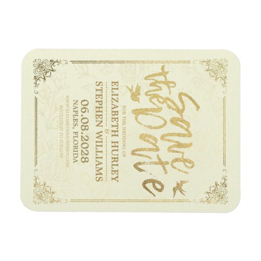 Hochzeit speichern Sie das Datum Gold Script Blume Magnet (Horizontal)