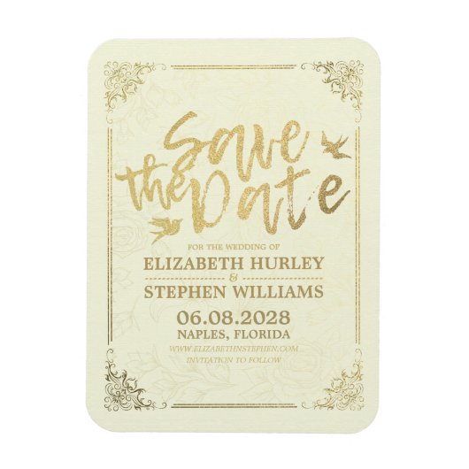 Hochzeit speichern Sie das Datum Gold Script Blume Magnet (Vertikal)