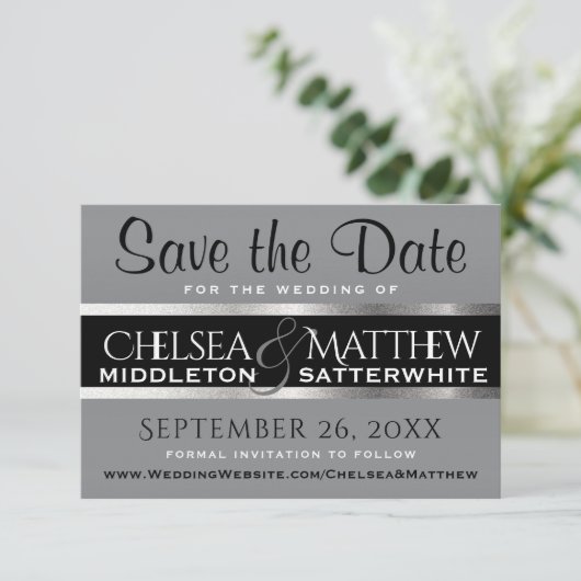 Hochzeit speichern Sie das Datum Grau und Silber Save The Date (Stehend Vorderseite)