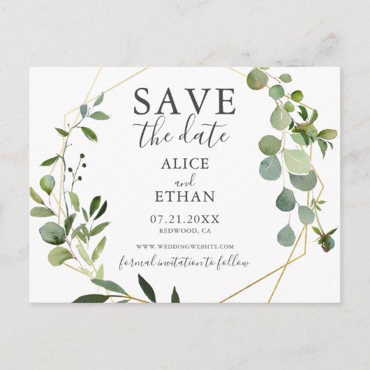 Hochzeit speichern Sie das Datum Grün botanisch Ankündigungspostkarte (Vorderseite)