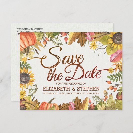 Hochzeit speichern Sie das Datum Herbst Herbstlaub Ankündigungspostkarte (Vorne/Hinten)