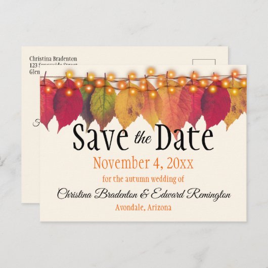Hochzeit speichern Sie das Datum Herbst lässt glüh Ankündigungspostkarte (Vorne/Hinten)