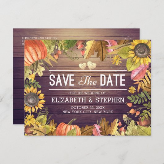 Hochzeit speichern Sie das Datum Herbst verlassen  Ankündigungspostkarte (Vorne/Hinten)