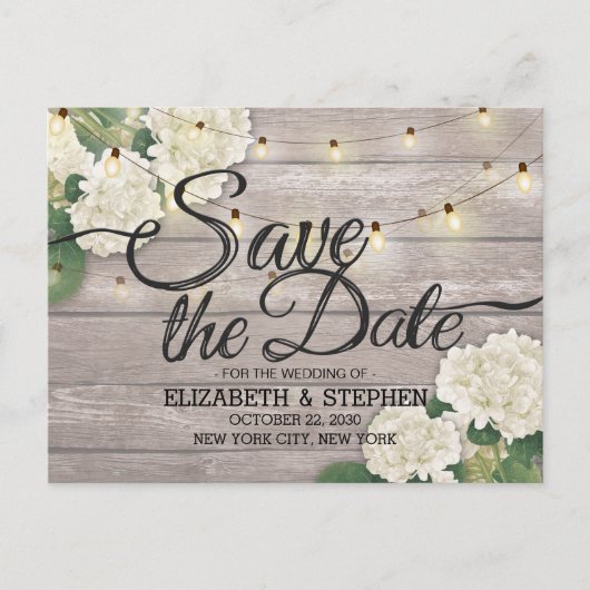 Hochzeit speichern Sie das Datum Hydrangea String Ankündigungspostkarte (Vorderseite)