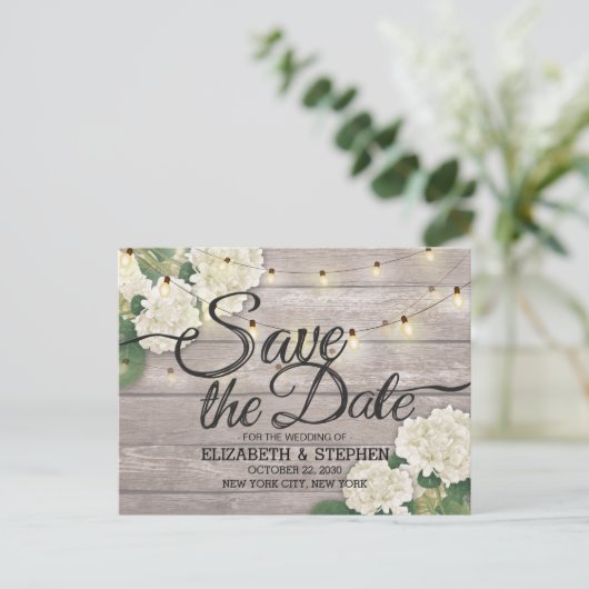 Hochzeit speichern Sie das Datum Hydrangea String Ankündigungspostkarte (Stehend Vorderseite)
