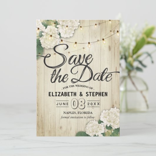 Hochzeit speichern Sie das Datum Hydrangea String Save The Date (Stehend Vorderseite)