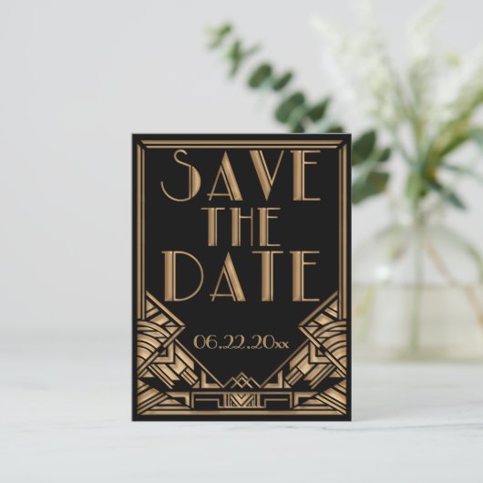 Hochzeit Speichern Sie das Datum in einem Art Deco Ankündigungspostkarte (Stehend Vorderseite)