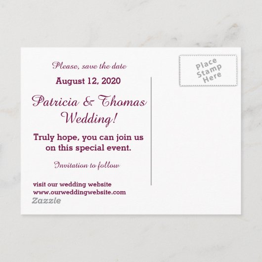 Hochzeit Speichern Sie das Datum individuell anpas Ankündigungspostkarte (Rückseite)