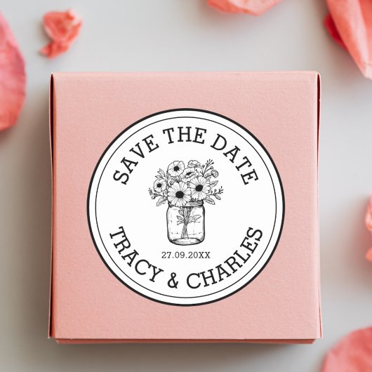 Hochzeit speichern Sie das Datum Mason Jar Blume b Runder Aufkleber