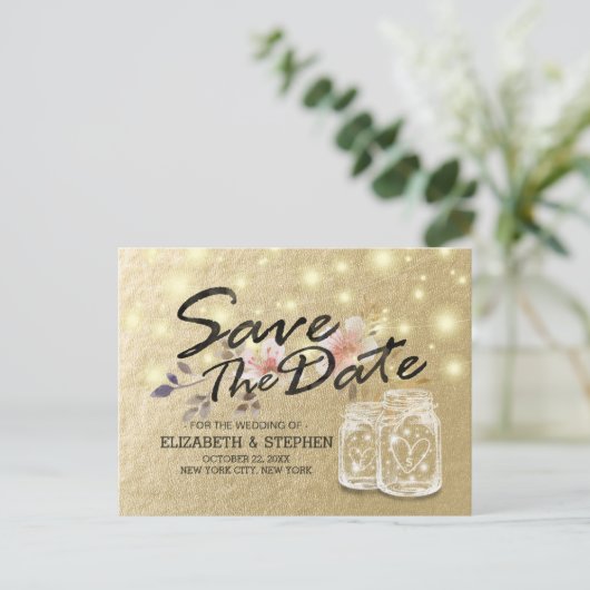 Hochzeit speichern Sie das Datum Mason Jar String  Ankündigungspostkarte (Stehend Vorderseite)