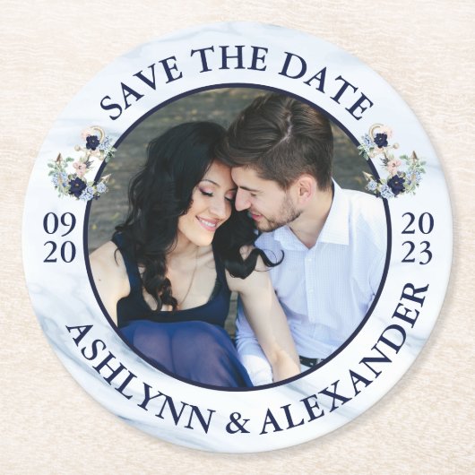 Hochzeit SPEICHERN SIE DAS DATUM Nautische Ankerbl Runder Pappuntersetzer (Vorderseite)