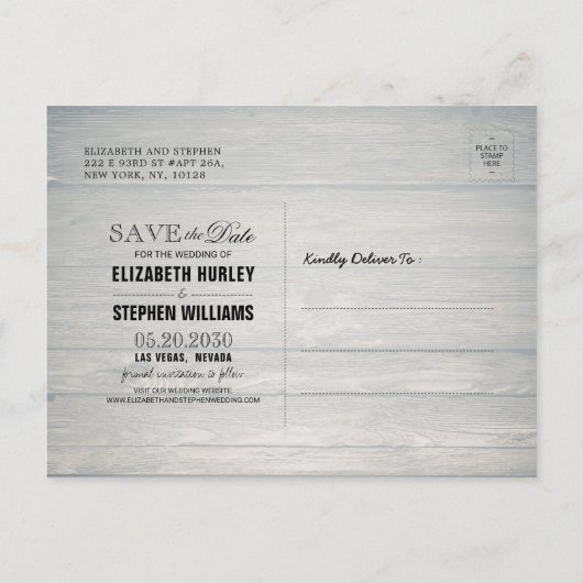 Hochzeit speichern Sie das Datum rustikale Holz Ma Ankündigungspostkarte (Rückseite)