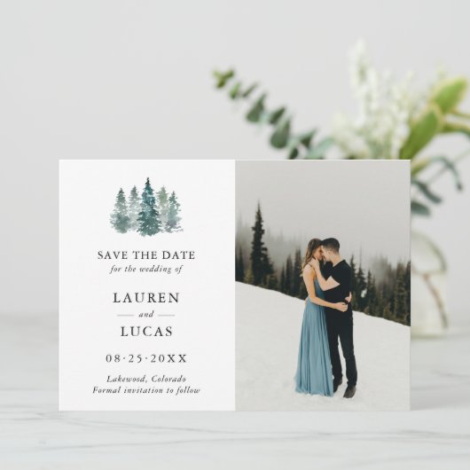 Hochzeit speichern Sie das Datum Rustikale Pinienb Save The Date (Stehend Vorderseite)
